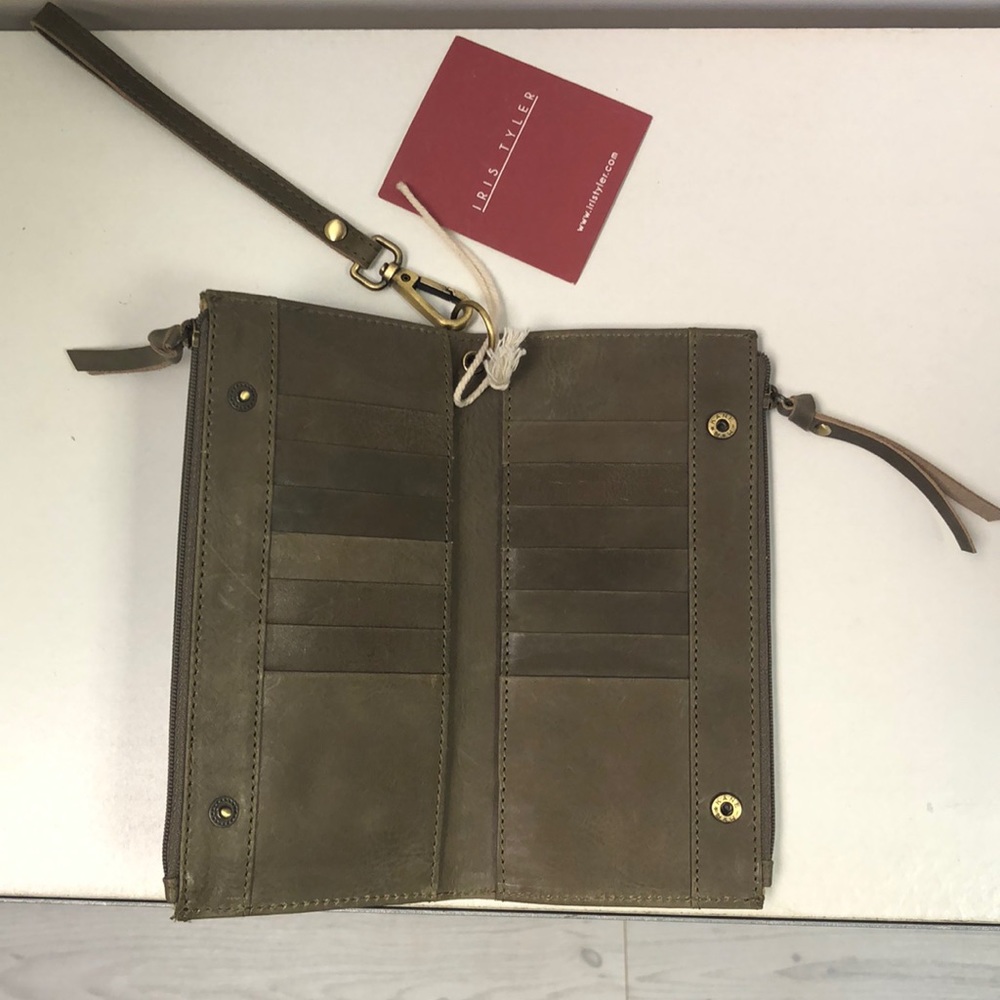 Brown Khaki Leather Double Zipper Wristlet Wallet